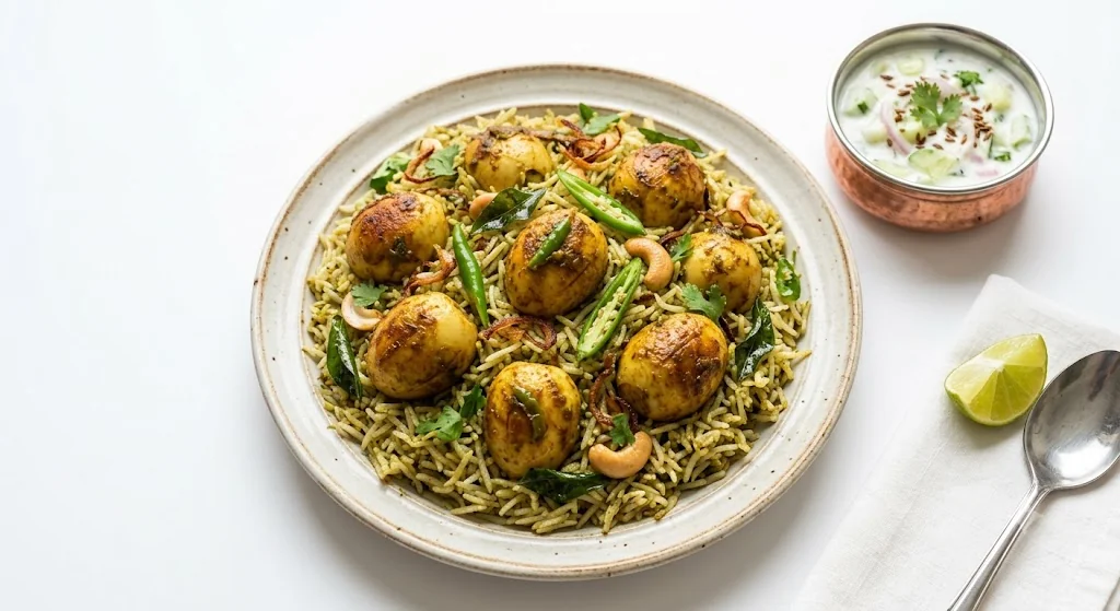 Pachi Mirchi Egg Ghee Roast Pulao