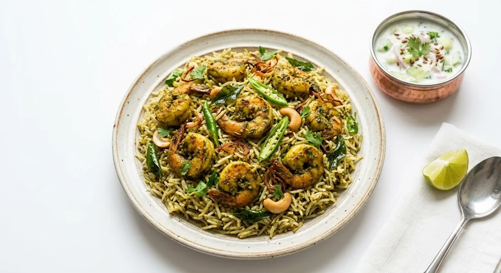 Pachi Mirchi Shrimp Ghee Roast Pulao